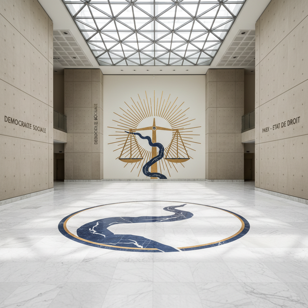 A pristine marble floor in a spacious civic hall, inlaid with a large, circular emblem combining a stylized Congo river, a balanced scale of justice, and rising sun rays in warm gold and deep blue tones. Surrounding the emblem, tall neutral-colored walls carry minimalist bilingual slogans about democracy, peace, and social justice in clear, modern typography. Overhead, diffused skylight streams in from a geometric glass ceiling, bathing the hall in soft, even illumination and casting subtle reflections on the polished stone. Captured from a slightly elevated wide-angle perspective in photographic realism, the composition is symmetrical and dignified, creating a calm, aspirational atmosphere that evokes institutional trust and the rule of law.