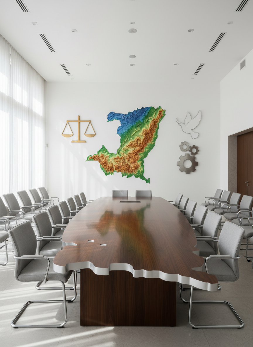 A polished wooden conference table shaped like the map of the Democratic Republic of Congo, its rich dark grain outlined with a subtle metallic edge, stands at the center of a bright institutional meeting room. Around it, neat rows of empty, modern chairs face a large wall where a vibrant, detailed map of Congo is displayed alongside icons of justice scales, a dove, and a gear symbolizing development. Soft daylight filters through tall frosted windows, creating gentle reflections on the table surface. Shot at eye level with sharp focus, the composition emphasizes order, transparency, and professionalism. The photographic realism and clean, modern aesthetic convey a stable, democratic political vision without showing any human figures.